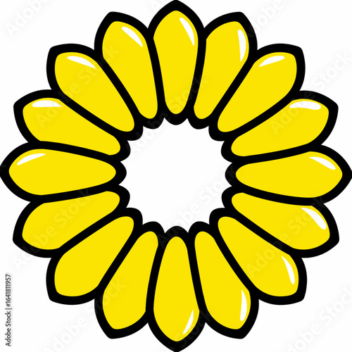 Cartoon depiction of a yellow flower with a white center, outlined in black. The petals have highlights