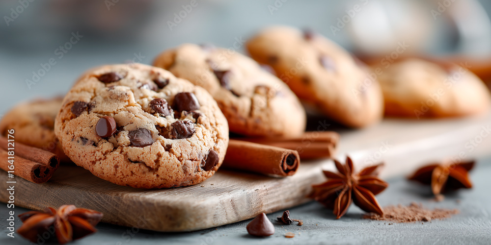 Fototapeta premium Warm, freshly baked chocolate chip cookies are beautifully arranged on a rustic wooden platter with cinnamon sticks and star anise, creating an inviting treat.