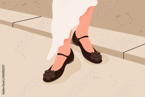 Woman stylish shoes. Female fashionable footwear, trendy summer elegant footgear with flat heel sole, legs in leather pump shoes. Vector illustration