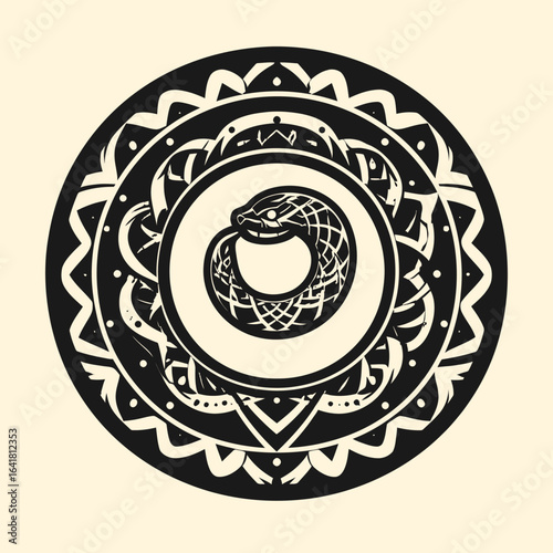 Circular design with a coiled snake in center, surrounded by intricate patterns