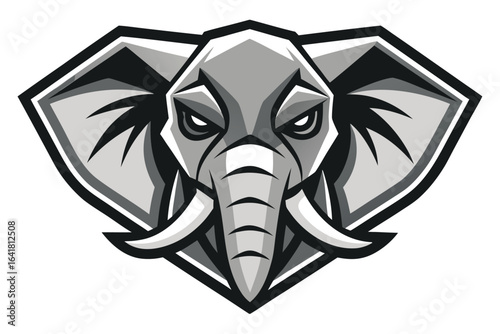 Determined elephant head in monochrome shows massive tusks and intimidating look set against white