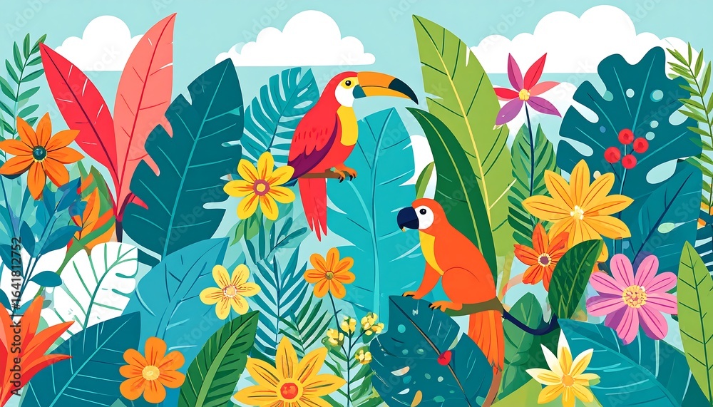 Naklejka premium Vibrant tropical birds and flowers