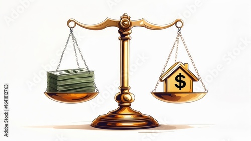 Scales of justice with money and home