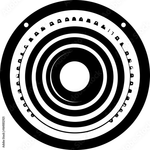 Circular, monochromatic composition of concentric rings and segmented outer edge. Includes small circles and repeating triangle shapes