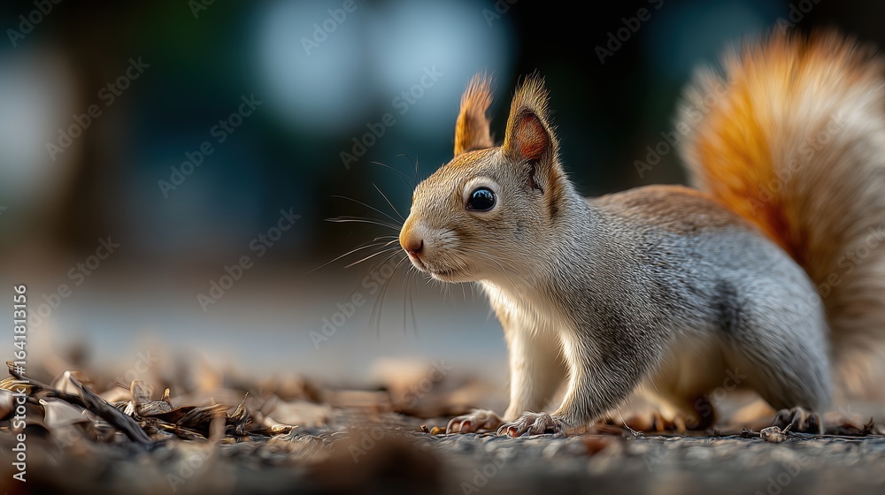 Fototapeta premium Ecureuil roux adorable en gros plan sur sol automnal avec bokeh naturel