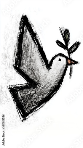 Colombe de la paix dessinee au fusain avec branche d'olivier, style artistique expressif