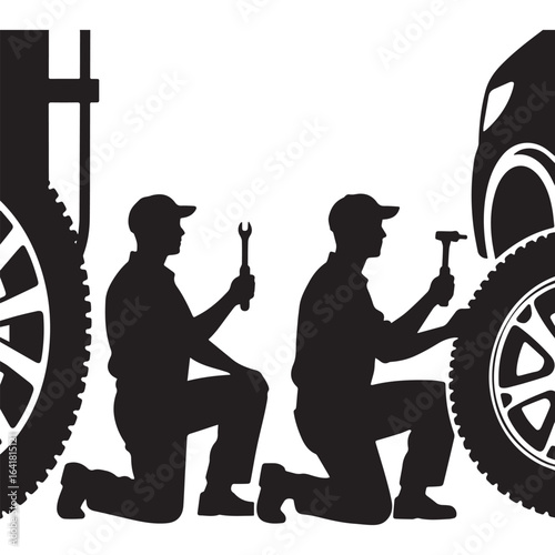 A black and white silhouette illustration of two male auto mechanics working on car tires. 