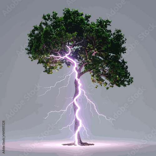 Digital image depicts a stylized tree struck by a vibrant lightning bolt, illuminating the surrounding area