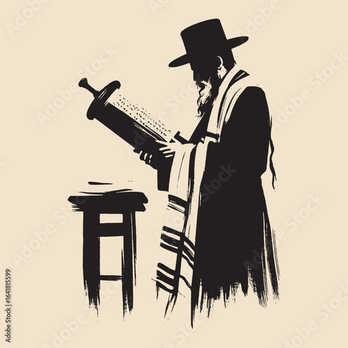 Jewish man reading Torah black ink brush style vector illustration