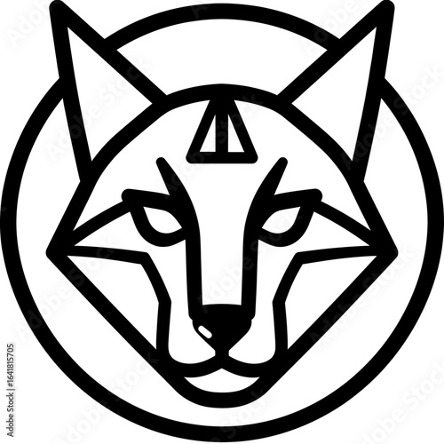 Geometric stylized illustration of a feline face, enclosed in a circle. It is a minimalist, black-and-white graphic