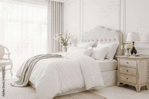 Bright and cozy modern luxury hotel bedroom interior design with white walls	