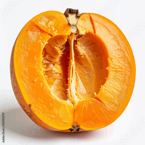 Half of a ripe orange pumpkin, cut open to reveal its seeds and interior