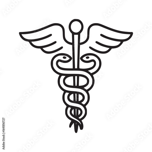 Outline drawing of a caduceus symbol with wings and snakes on a white background in vector format