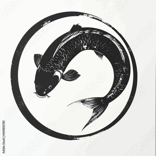 Ink drawing of a koi fish inside a circle, stylized with brushstrokes and a minimalist aesthetic, against a white background