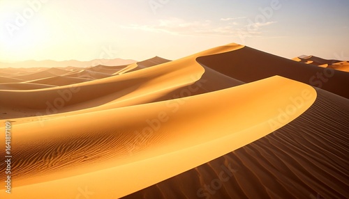 Golden desert dunes under bright sunlight.