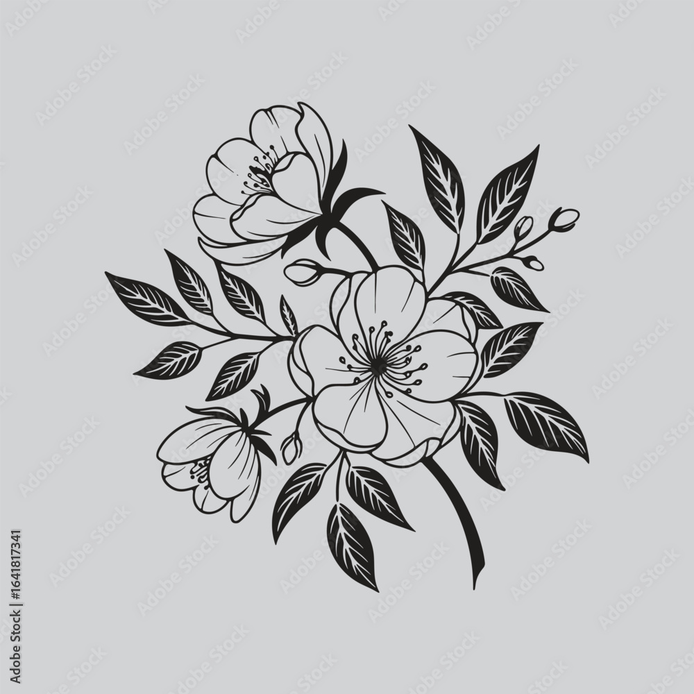 Fototapeta premium Detailed Petal Ranunculus Black Silhouette