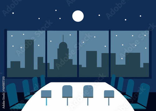 boardroom with panoramic night skyline view