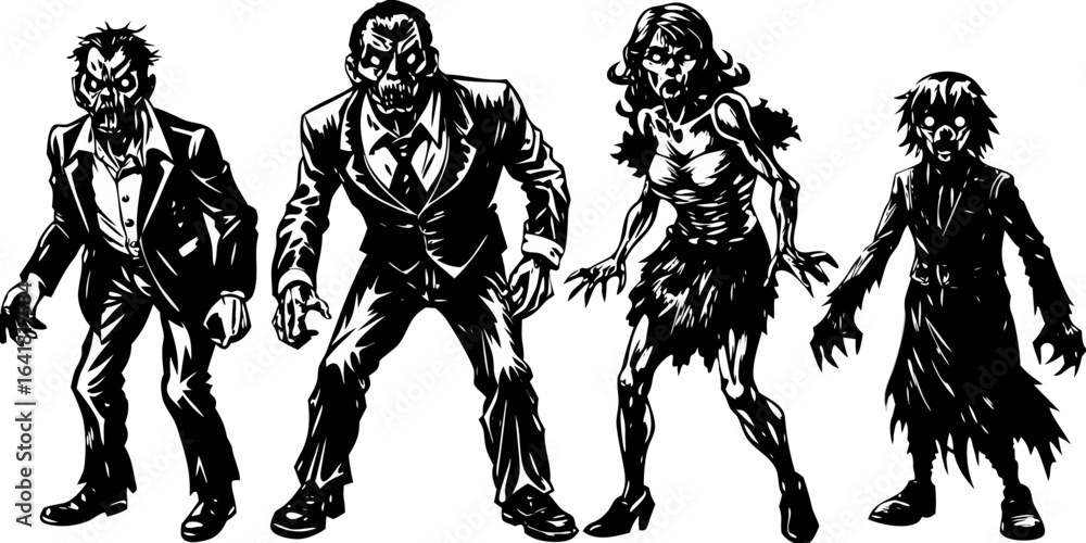 Fototapeta premium Black and White Zombie Silhouettes Vector Collection