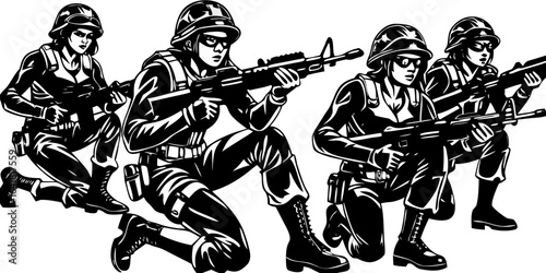 Black and White Female Soldier Silhouettes Vector Collection