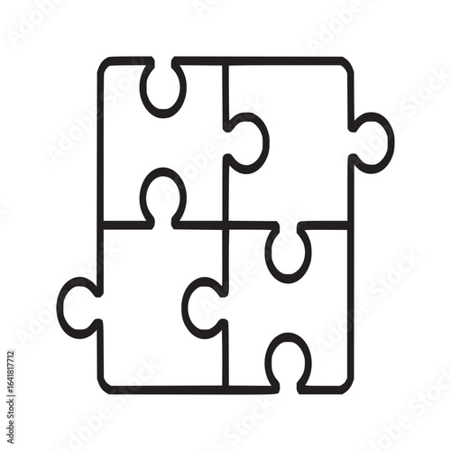 Four piece jigsaw puzzle forming a square shape with black outline on a white background simple design