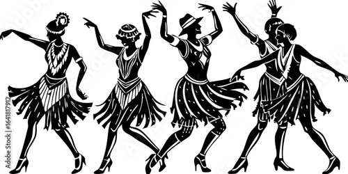Black and White Flapper Dancers Silhouettes Vector Collection