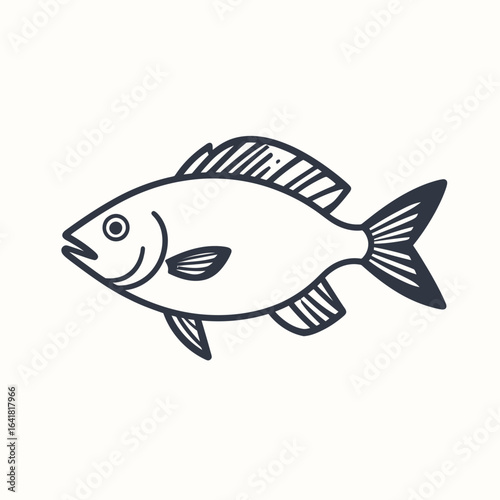 Outlined illustration of a fish, featuring fins, scales, and eye. The design is simple and graphic, with a minimal style