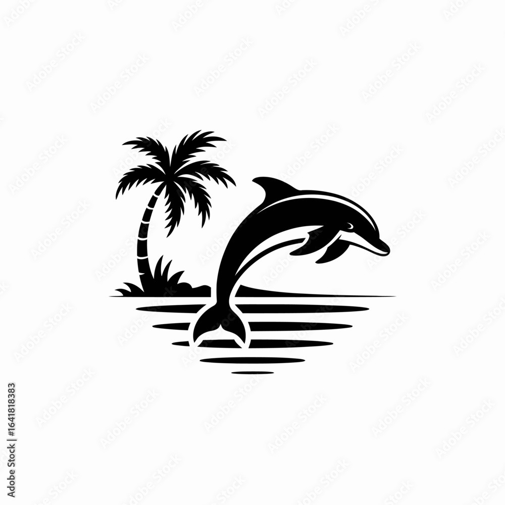 Naklejka premium Minimalist Dolphin and Palm Tree Logo Design in Black and White .