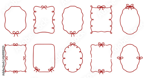 Whimsical wedding frame doodle set. Coquette boarders with bows and ribbons in sketch style. Hand drawn Vintage vector illustration for Valentine’s Day, wedding invitations.