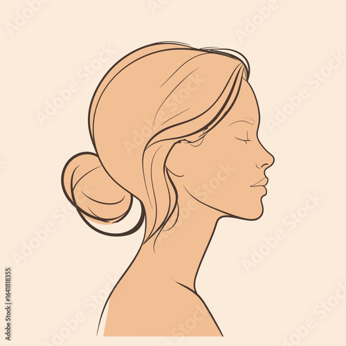 Profile view of a woman with soft lines and a bun hairstyle