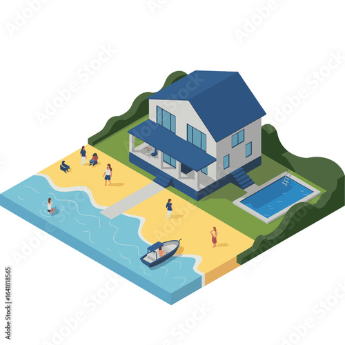 Isometric Beachfront House Illustration with Pool, Dock, and People Enjoying Summer Activities.