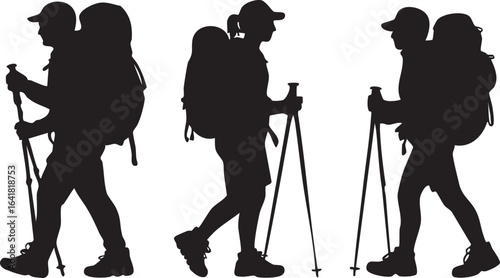 Hiking Adventure Silhouette Vector Illustration with Backpackers and Poles