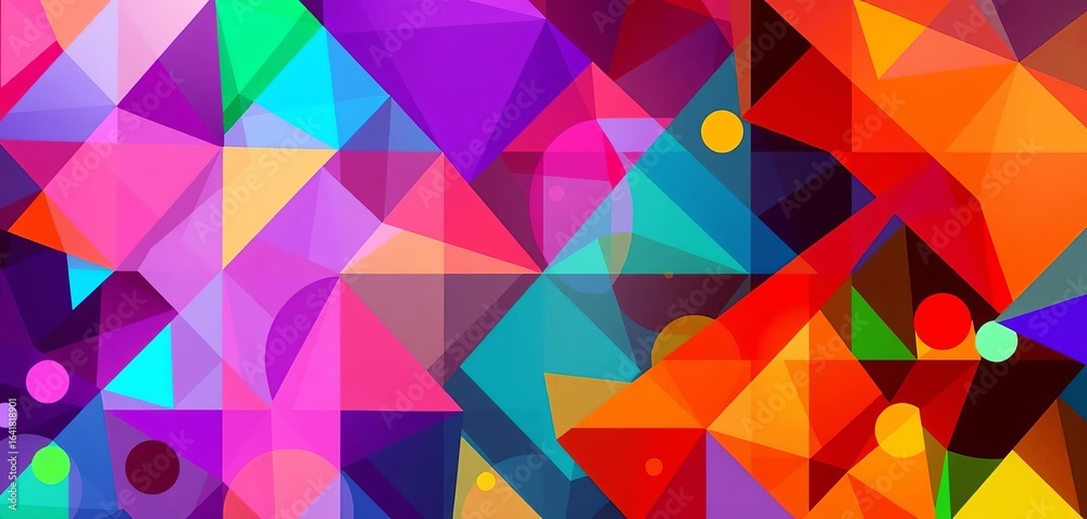 Fototapeta premium Vibrant overlapping triangles, squares, and circles in a dynamic composition, canvas, abstract background