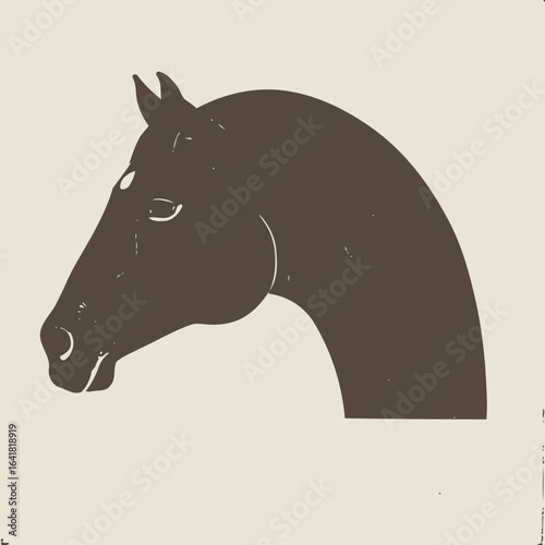 Silhouette of a horse's head and neck, in brown, against a cream backdrop. The design has a slightly aged, textured effect