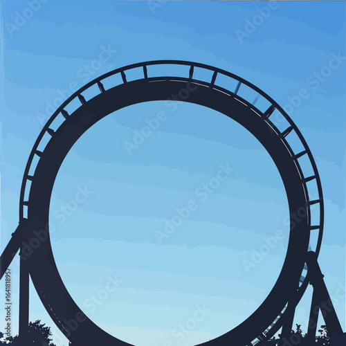 Silhouette of a large circular roller coaster track against a light blue sky