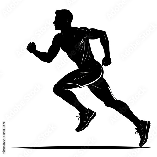 Silhouette of a man in athletic gear, running at a fast pace on a white background. Minimalist, dynamic graphic