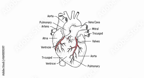 Detailed Anatomical Diagram of a Human Heart with Valves and Vessels