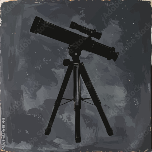 Silhouette of a telescope on a tripod, set against a textured dark gray background speckled with white dots resembling stars