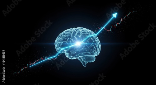 A vibrant, glowing human brain is dynamically intersected by an upward blue arrow and a fluctuating red graph, symbolizing intelligence, growth, and data-driven progress.