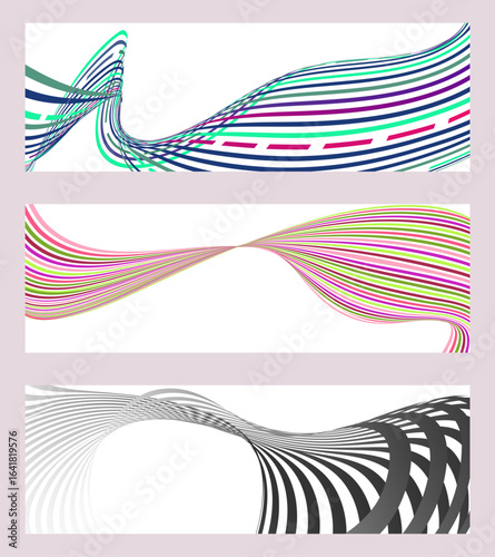 Wavy lines or ribbons. Set of 3 backgrounds. Multicolored striped gradient. Creative unusual background with abstract wavy lines. Fashionable banner, poster. eps vector