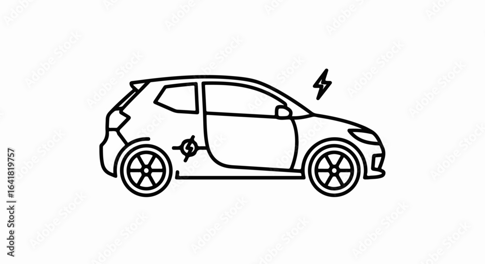 Naklejka premium Outlined Electric Car with Charging Port and Lightning Bolt Symbol
