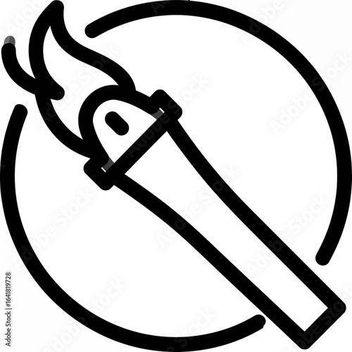 Simple black and white line art depicts a flaming torch encircled. The flame is stylized with sharp edges. The handle is elongated