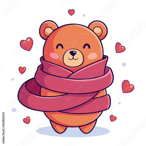 Cozy teddy bear wrapped in ribbon with floating hearts vector illustration