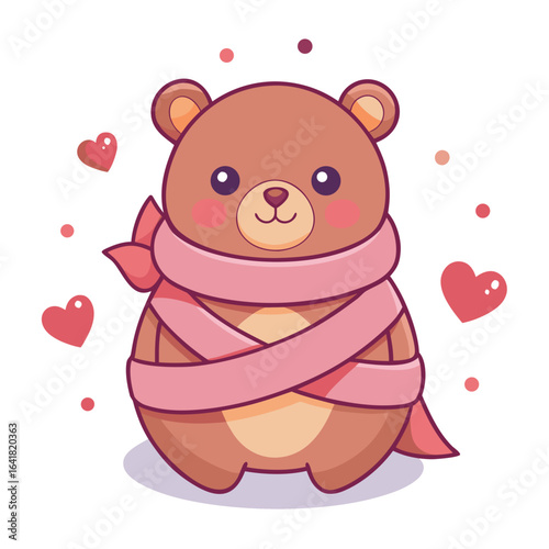 Cozy teddy bear wrapped in ribbon with floating hearts vector illustration