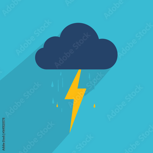 Stylized illustration of a dark blue cloud with yellow lightning and rain drops on a teal background. Simple, flat design