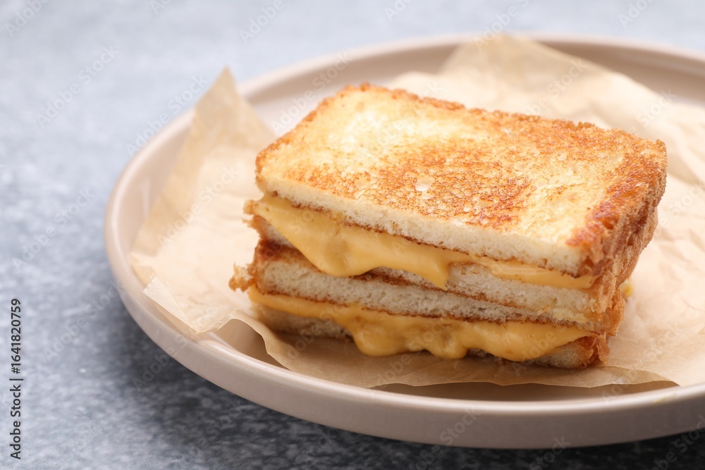 Tasty sandwiches with melted cheese and parsley on grey table, closeup Tasty sandwiches with melted cheese and parsley on grey table, closeup