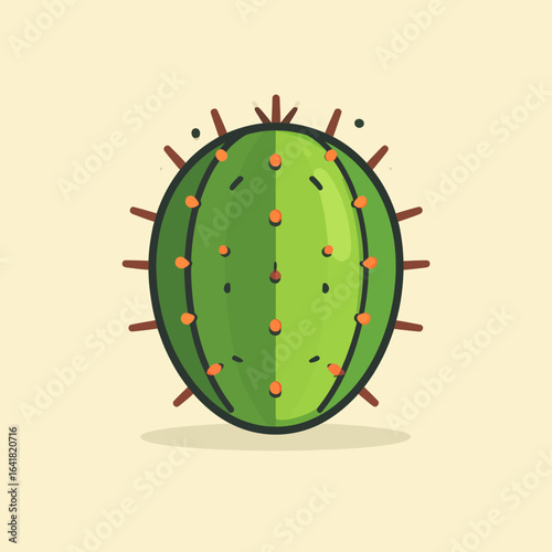 Stylized illustration of a green cactus with orange dots and brown spikes, set against a cream-colored background