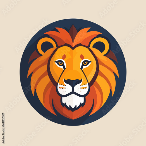 Stylized lion's head icon within a circle, radiating power and elegance with warm colors. It has a majestic mane and intense eyes