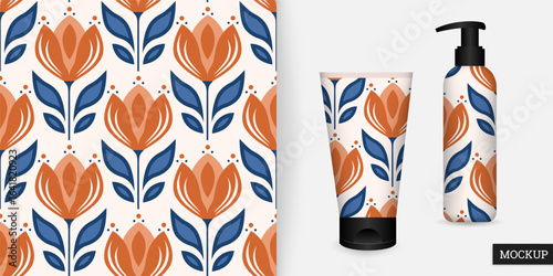 Seamless floral pattern with abstract tulips in terracotta and blue. Folk and Scandinavian style. Vector illustration. Design for textiles, wallpapers, packaging, and digital backgrounds. Mockup.
