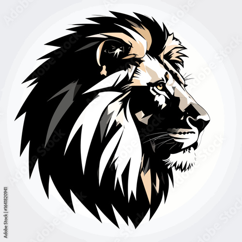 Stylized portrait of a lion's head in profile, featuring stark contrasts in color and geometric shapes, with a circular background