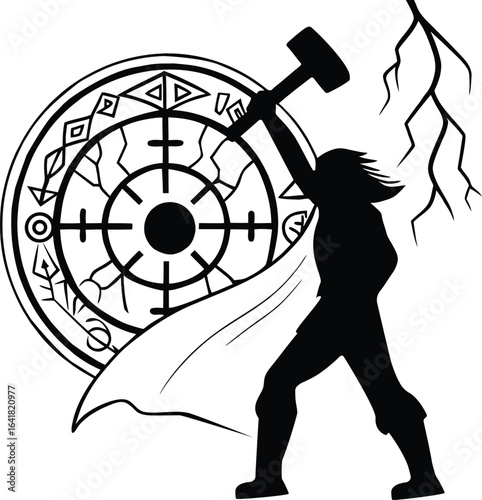 The Mighty Thor with Mjolnir and Norse Runes, A Symbol of Power and Protection in Mythology.
